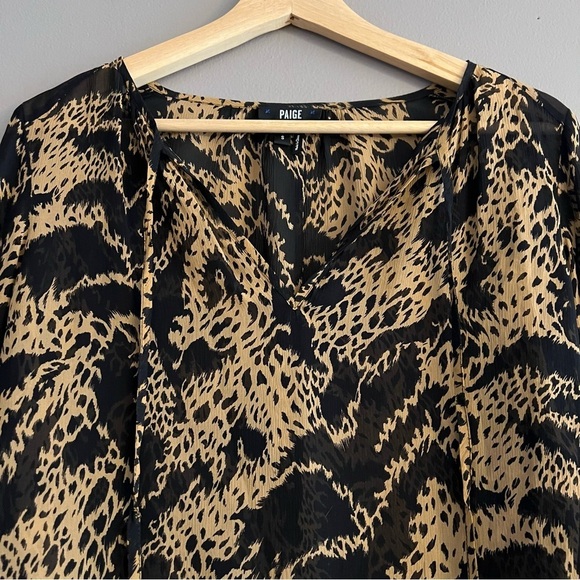 Paige Black Label Womens 100% Silk Cheetah Print Blouse Sheer Black Tan Size S - Picture 2 of 12